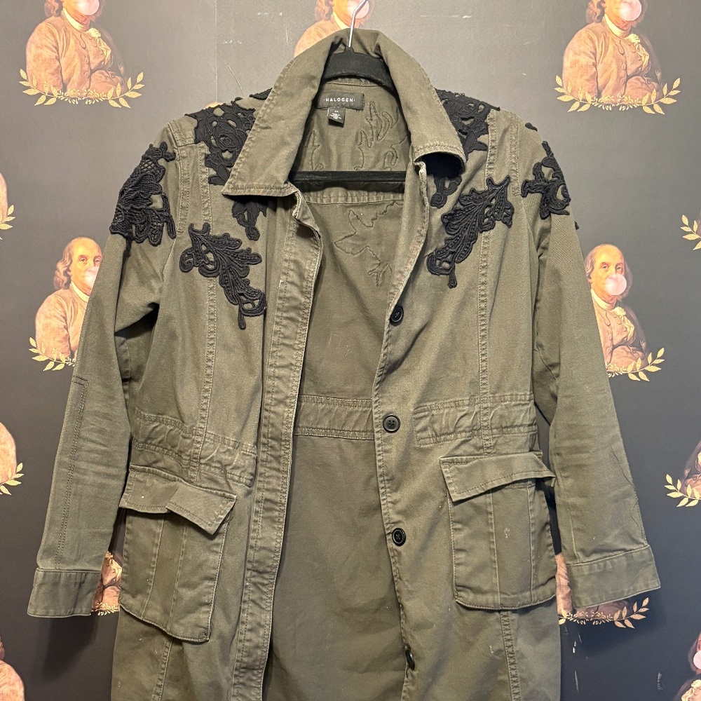 Halogen Green Army Jacket with Embroidered Applique